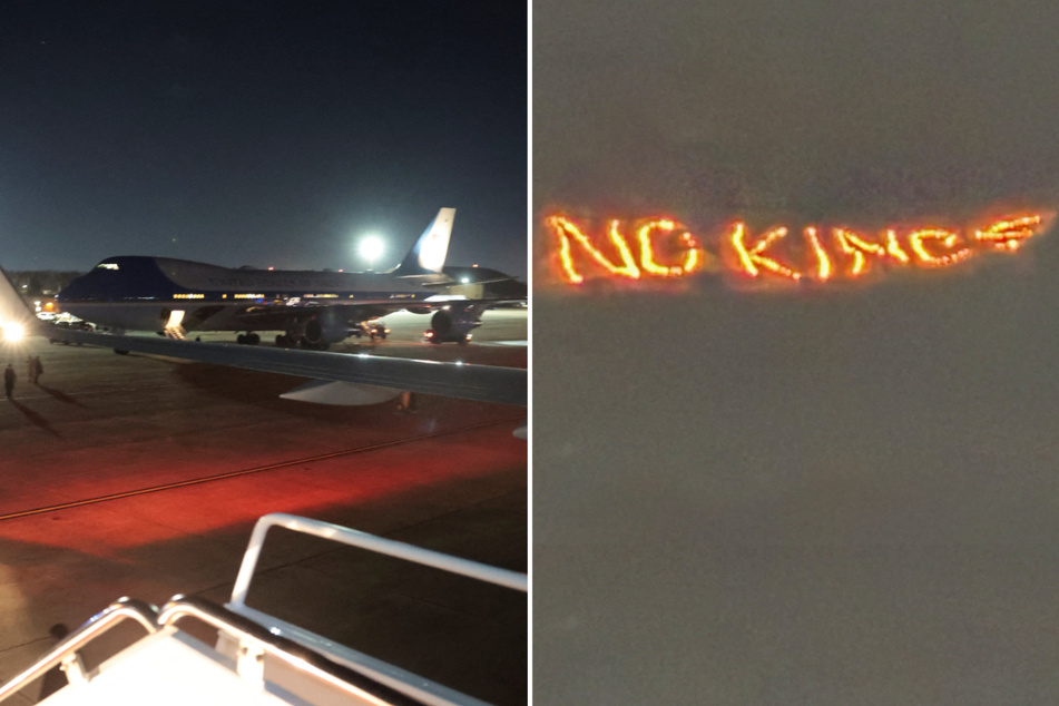 US President Donald Trump was greeted by a protest slogan as he landed in Switzerland to attend the Davos forum.