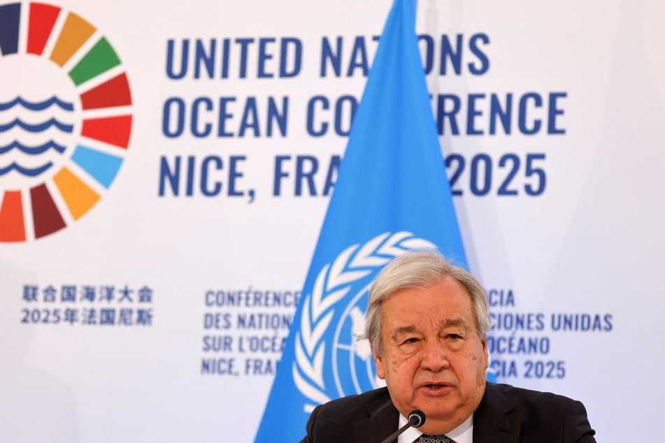 UN Secretary General Antonio Guterres addresses the audience during a press conference on the second day of the United Nations Ocean Conference in Nice, France, on June 10, 2025.