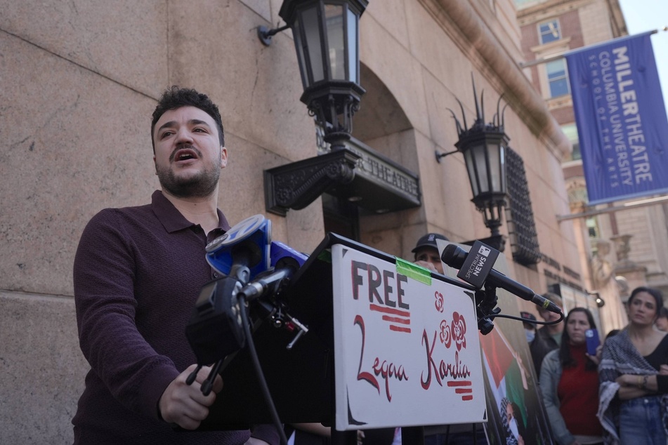 Mahmoud Khalil joins Columbia students, professors, and supporters in front of the university’s gates in demanding the release of Leqaa Kordia from ICE detention on March 9, 2026.