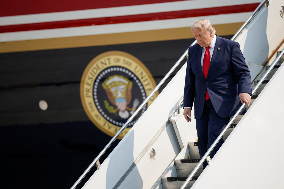 President Donald Trump disembarks the new Air Force One as he arrives at Bismarck Municipal Airport in North Dakota on July 1, 2026.