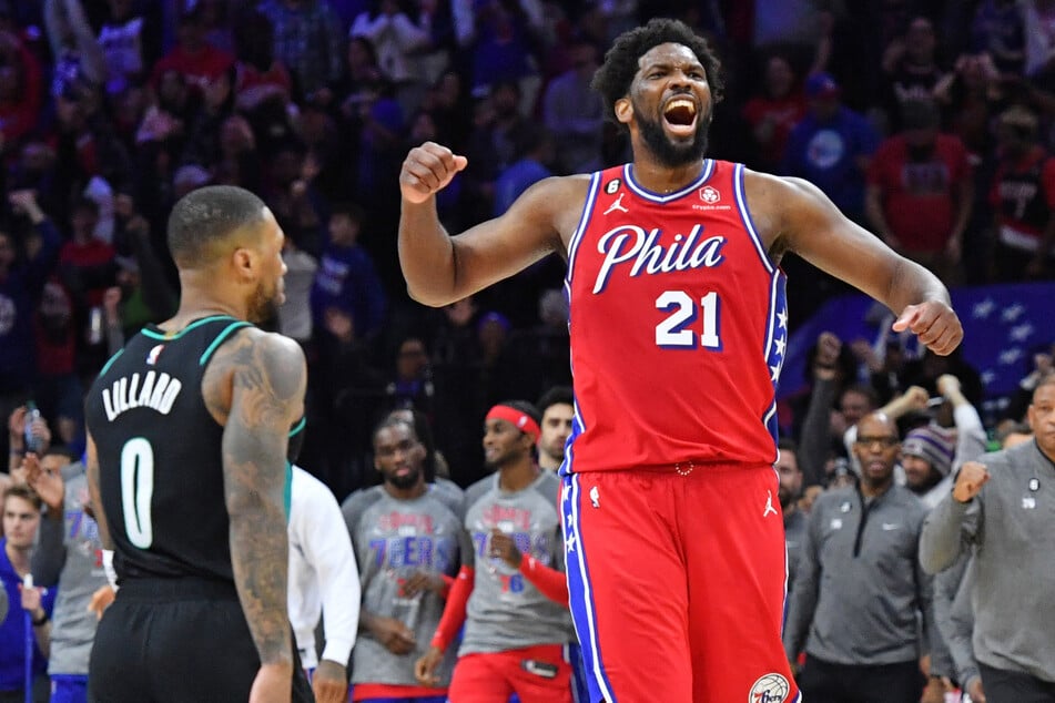 Philadelphia 76ers center Joel Embiid celebrates their win over the Portland Trail Blazers at Wells Fargo Center.
