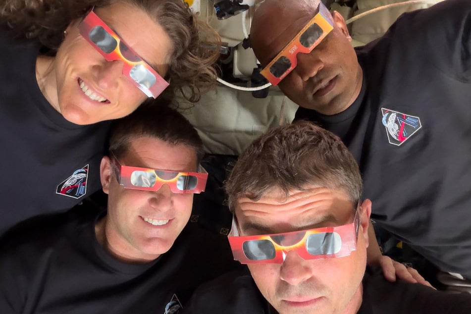 The four astronauts watched the solar eclipse in space – and made sure to use sunglass protection!
