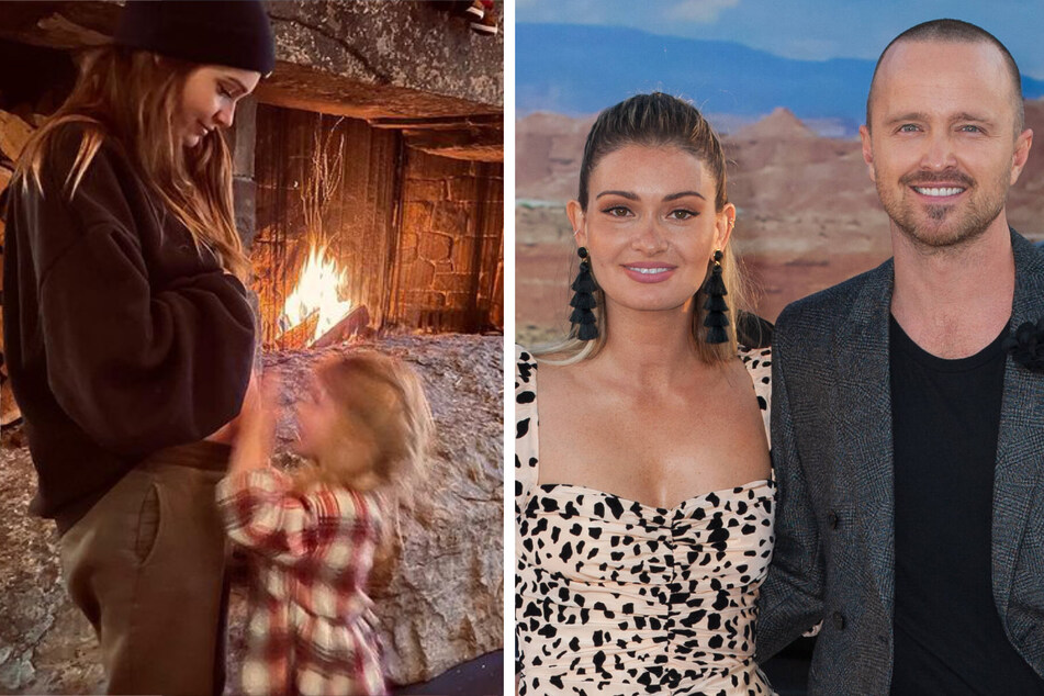 Actor Aaron Paul (r.) and his wife Lauren announced the news they are expecting their second child in a new Instagram post on Wednesday (l.).