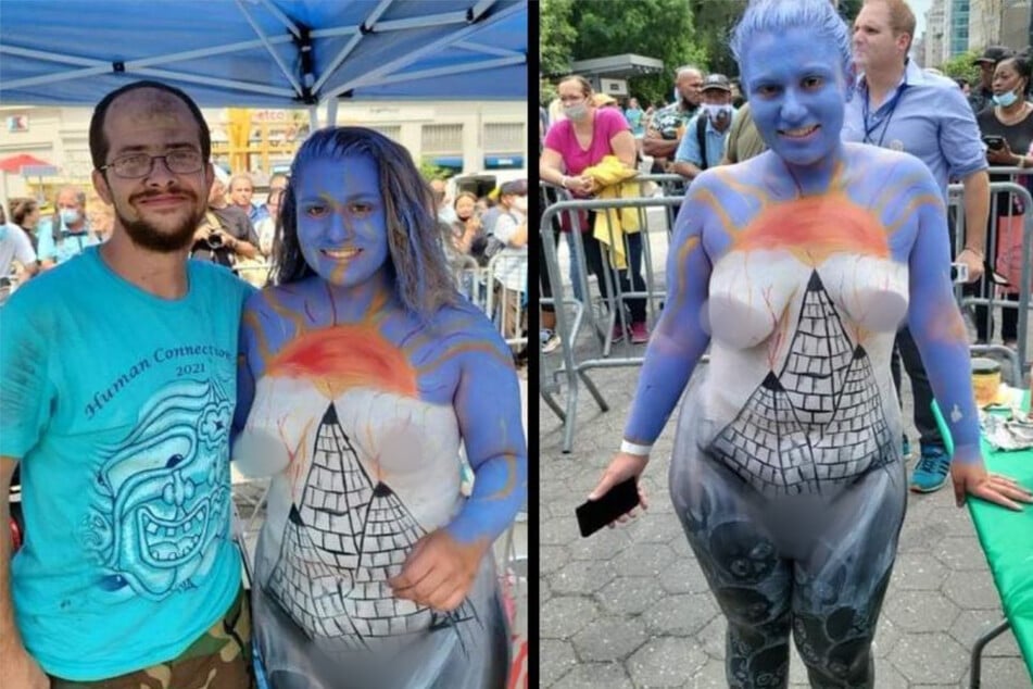 Artist Bruce Henry (l.) traveled to NYC from East Texas to paint his model (r.) at the event.