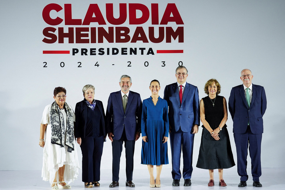 From l. to r.: Ernestina Godoy, appointed as Legal Advisor; Alicia Barcena, appointed as Minister of Environment and Natural Resources; Juan Ramon de la Fuente, appointed as Foreign Minister; Mexican President-elect Claudia Sheinbaum; Marcelo Ebrard, appointed as Minister of Economy; Rosaura Ruiz, appointed as Minister of Science, Humanities; and Julio Berdegue Sacristan, appointed as Minister of Agriculture and Rural Development pose for a picture following the announcement of Sheinbaum's cabinet.