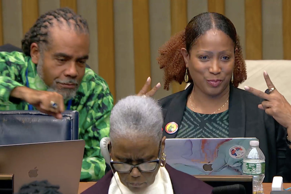 Robin Proudie (r.) gestures after concluding her testimony in a meeting on reparations during the fourth session of the UN Permanent Forum on People of African Descent on April 15, 2025.