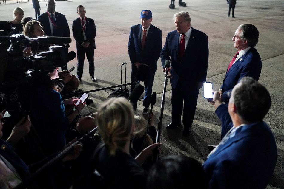 President Donald Trump speaks to the media, after attending Game 3 of the NBA Finals, at John F. Kennedy International Airport in New York on June 8, 2026.