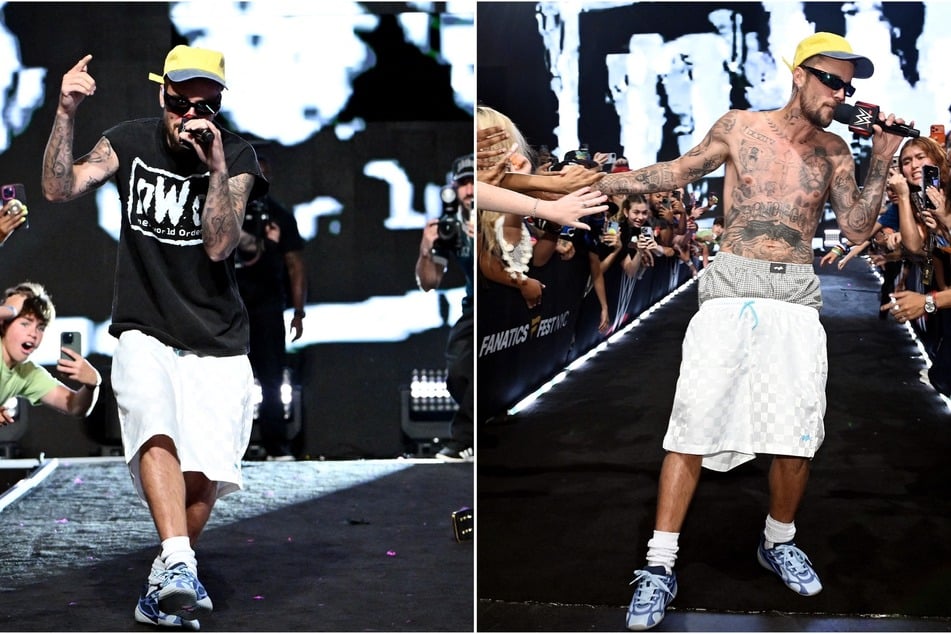 Justin Bieber ditches shirt and mingles with sports royalty during surprise pop-up at Fanatics Fest!