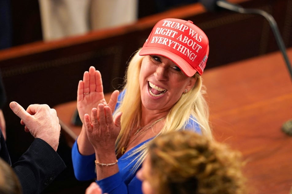 Marjorie Taylor-Greene looks on as President Donald Trump speaks during an address to a joint session of Congress at the US Capitol in Washington DC, on March 4, 2025.