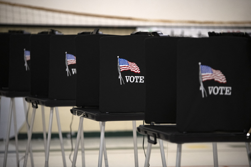 Voting booths are pictured at Glass Elementary School's polling station in Eagle Pass, Texas.