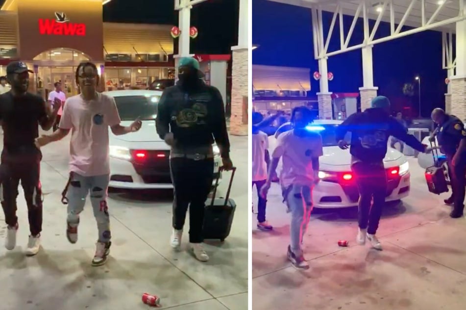 The police officer initially hits one of the dancers with his car, then gets out and switches off the dancers' music.