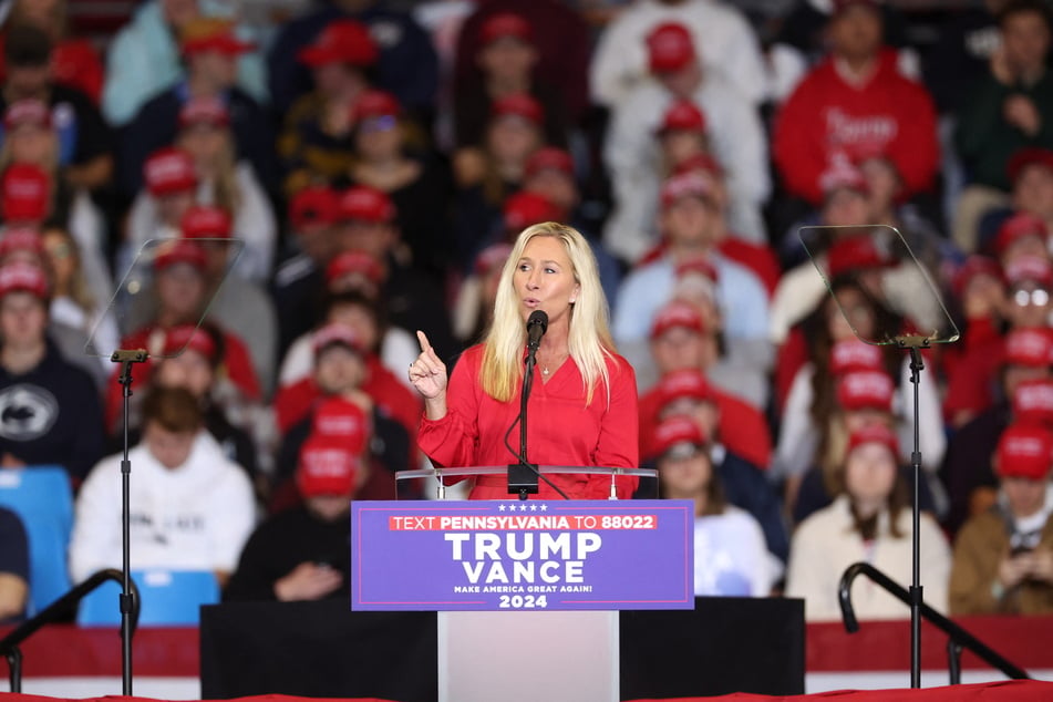 Representative Marjorie Taylor Greene speaking during a rally for Donald Trump at the Bryce Jordan Center in State College, Pennsylvania on October 26, 2024.