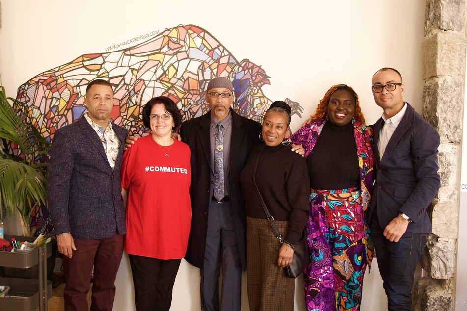 From l. to r.: Anthony Hingle, Kelly Savage-Rodriguez, Stanley Jamel Bellamy, Patricia Vickers, Nikki Grant, and Robert Saleem Holbrook lead a discussion on death by incarceration during the 139th session of the United Nations Human Rights Committee in Geneva, Switzerland.