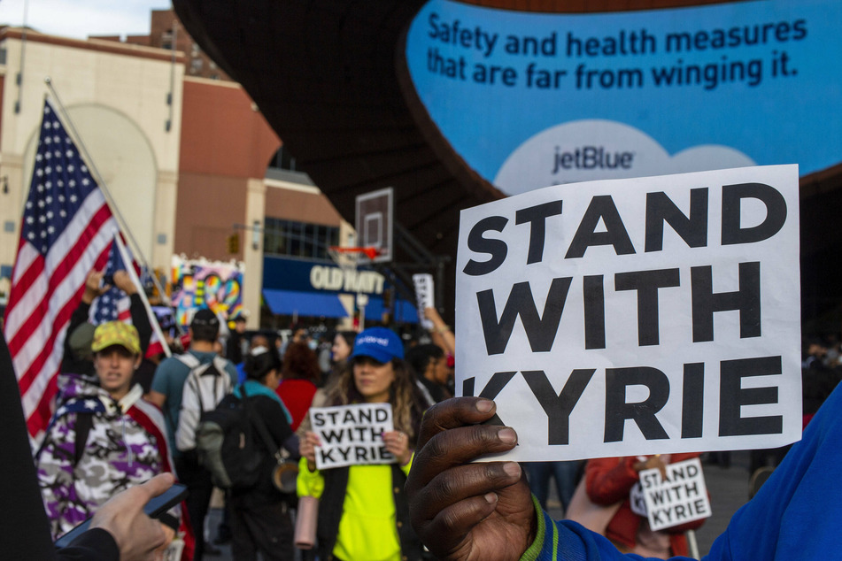 Protesters gathered at Brooklyn's arena before the match to chant against New York's vaccine mandate and in support of Kyrie Irving.