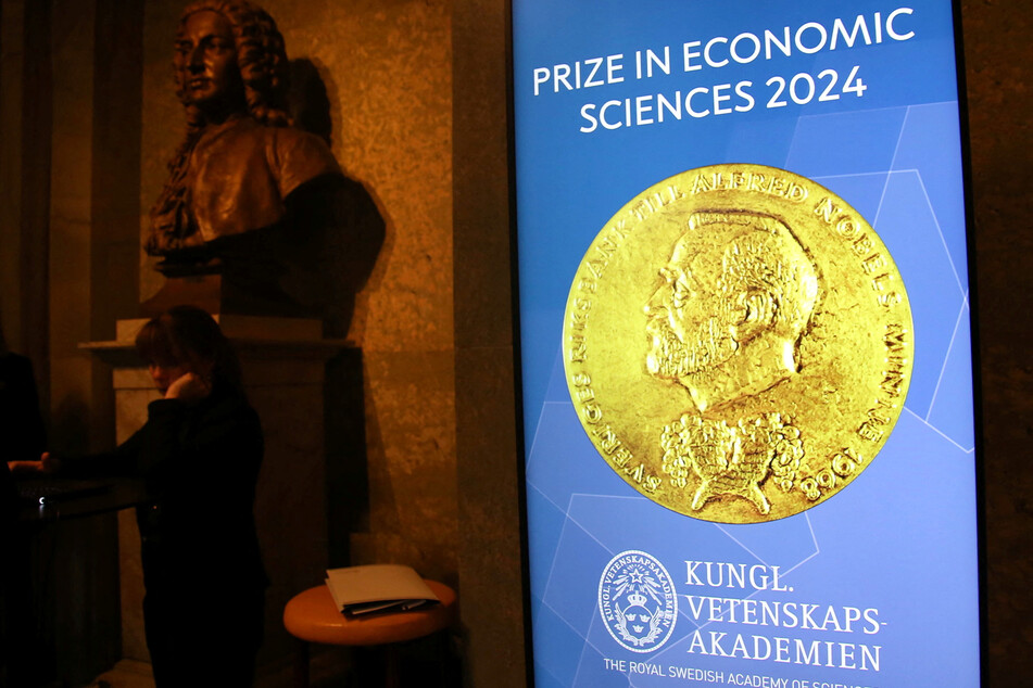 A screen in the Royal Swedish Academy of Sciences where the Nobel Prize in Economic Sciences is announced in Stockholm.