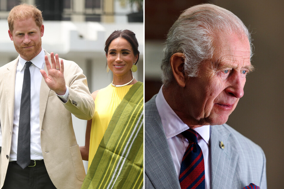 King Charles III (r.) is reportedly angry with his son, Prince Harry (l.), for his recent visit to Nigeria with Meghan Markle.