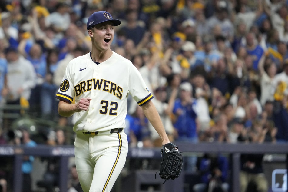 Milwaukee Brewers pitcher Jacob Misiorowski reacts during the third inning in game one of the National League Championship Series.