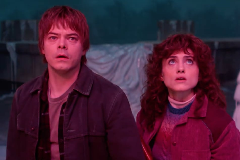 Natalia Dyer (r) and Charlie Heaton (l) return as Nancy Wheeler and Jonathan Byers in Stranger Things Season Five Volume Two.