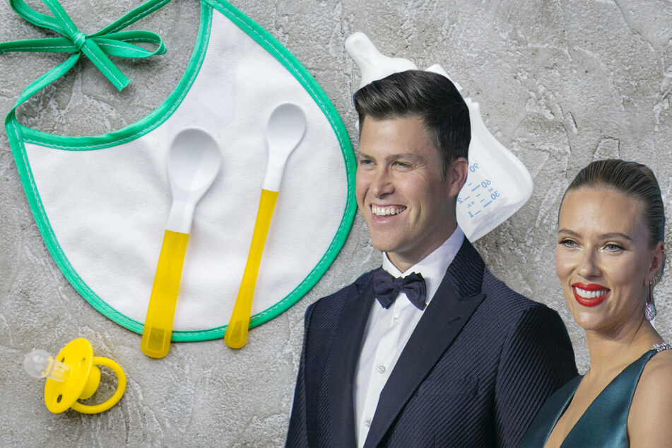 Scarlett Johansson (r) and Colin Jost are reportedly expecting their first child together. The two wed in October 2020.