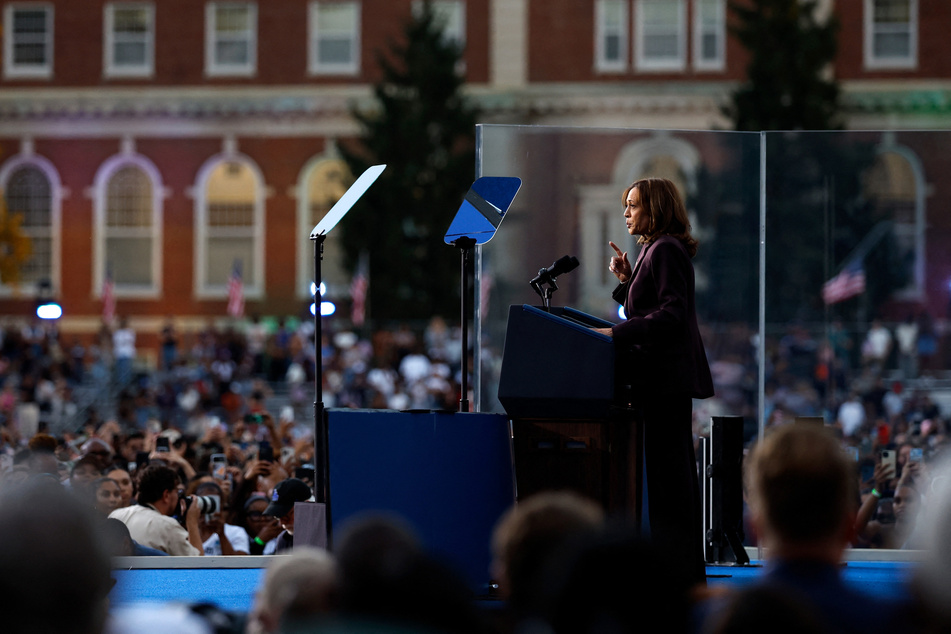 Kamala Harris speaks on stage as she concedes the election, at Howard University on November 6, 2024 in Washington, DC