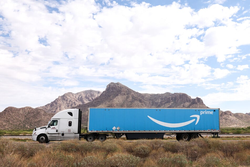 An Amazon truck is pictured on a highway near Picacho, Arizona.