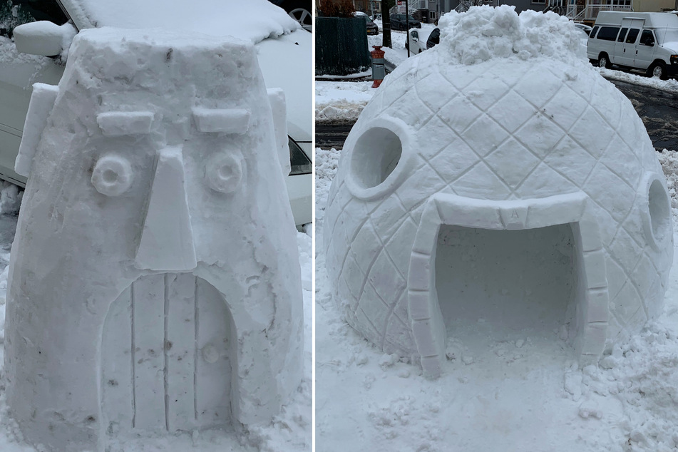 Dad surprises daughter with huge SpongeBob-inspired snow fort