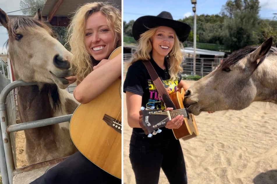 The horse Yupia, rescued by animal welfare, learned to play guitar and harp.