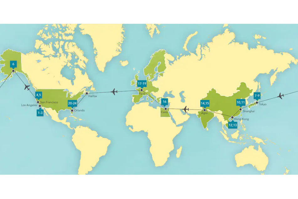 The journey begins in California and goes around the globe in 24 days.