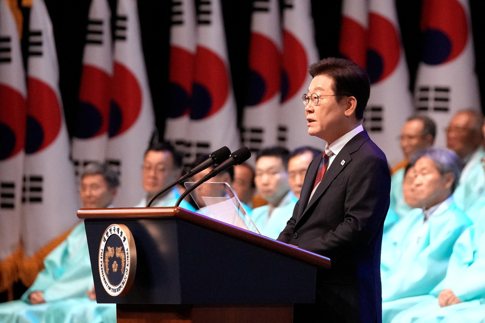 South Korean President Lee Jae Myung speaks during a ceremony to celebrate the 80th anniversary of Korea's liberation from Japanese colonial rule on August 15, 2025.