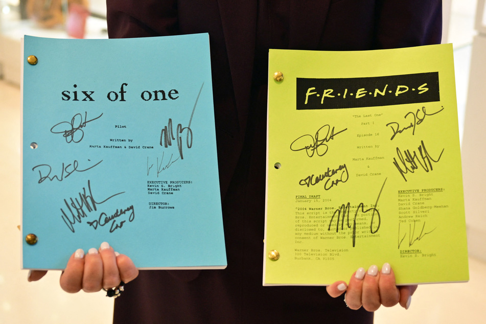 The first and last episodes scripts, autographed by cast members of the TV show Friends, are displayed ahead of The Matthew Perry Estate Auction at Heritage Auctions in Beverly Hills, California, on May 19, 2026.