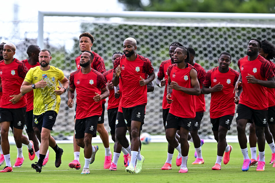Democratic Republic of the Congo warms up prior to a World Cup training session in Houston, Texas, on June 12, 2026.