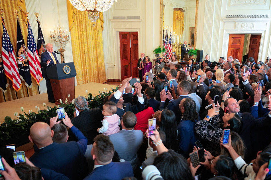 President Donald Trump speaking during a Black History Month reception in the East Room of the White House on Wednesday.