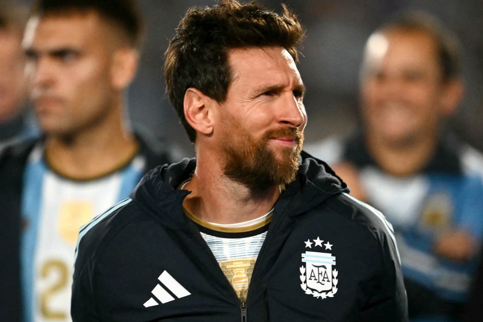 Argentina's forward #10 Lionel Messi reacts in a tribute after a friendly between Argentina and Benin in Buenos Aires on Tuesday.
