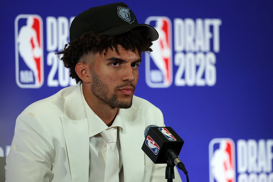 Cameron Boozer speaks to the media after he is drafted third overall by the Memphis Grizzlies during Round One of the 2026 NBA Draft at Barclays Center on June 23, 2026.