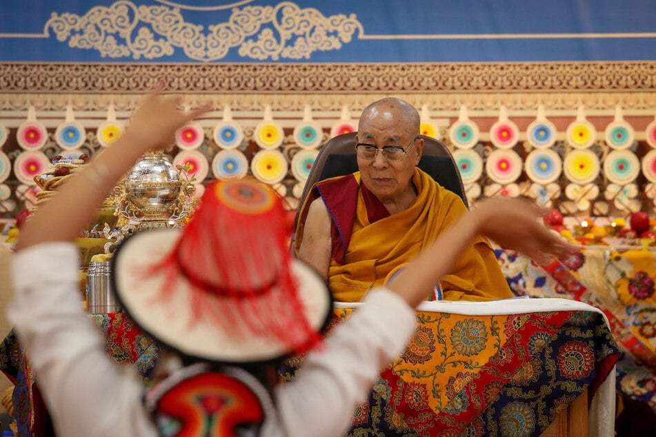 Tibetan spiritual leader, the Dalai Lama, attends a ceremony celebrating his 90th birthday, according to Tibetan lunar calendar, at Tsuglagkhang temple in Dharamshala, India, on June 30, 2025.
