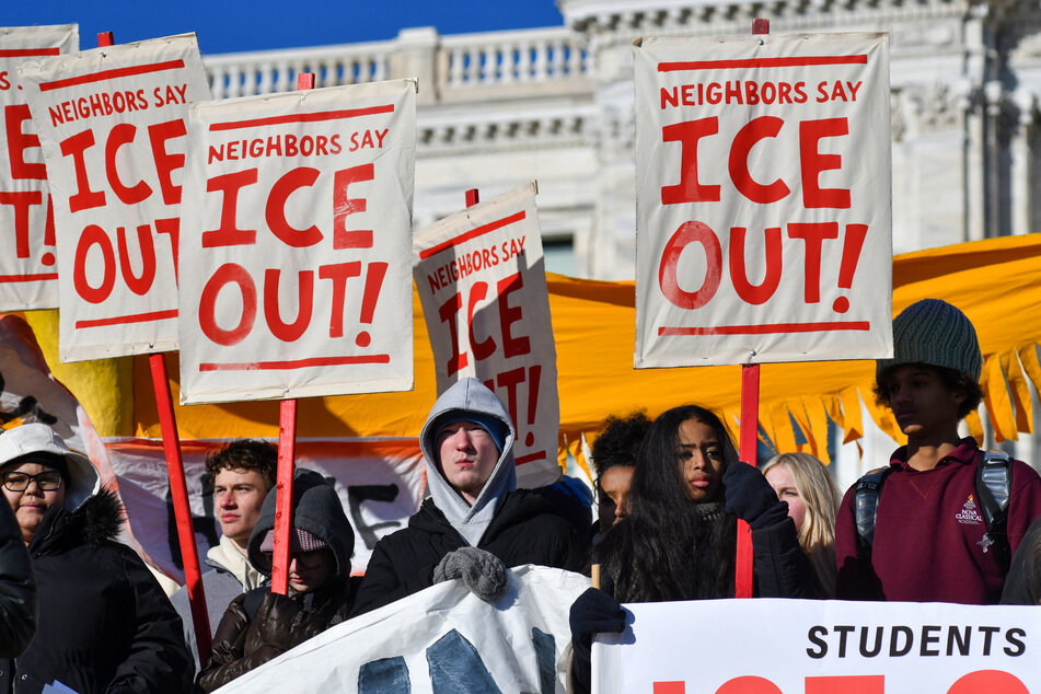 High school students gather for an anti-ICE protest outside the State Capitol in St. Paul, Minnesota, on January 14, 2026.