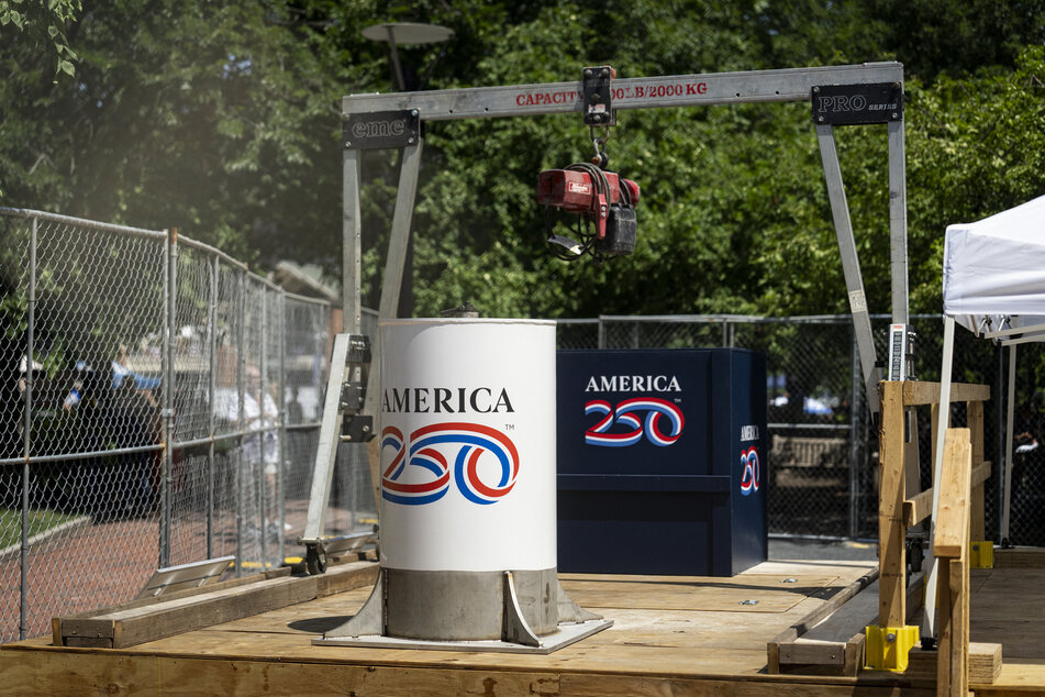 The America250 time capsule, which will be buried on July 4, 2026, and reopened in 2276, is pictured at Independence National Historical Park in Philadelphia, Pennsylvania, on July 2, 2026.