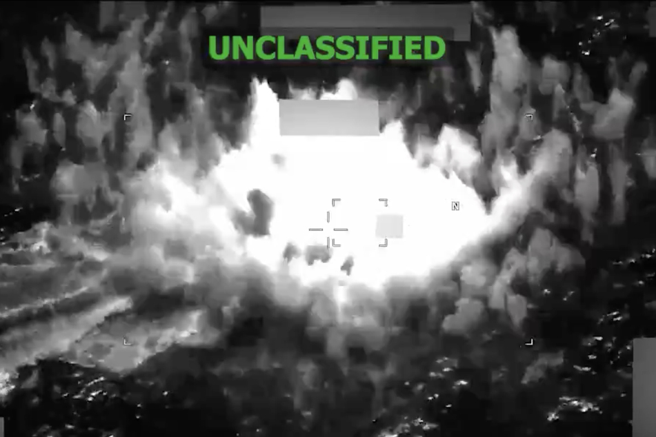A screenshot from a video shared to X by US Southern Command on June 3, 2026, shows a boat in the Eastern Pacific engulfed by a large explosion after it is struck by American forces.