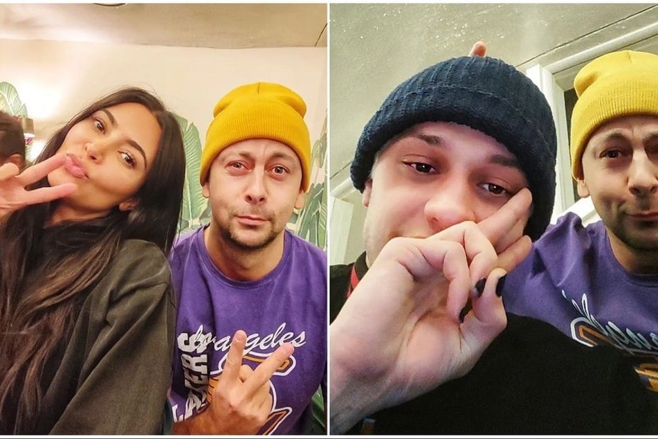 Kim Kardashian (l.) and Pete Davidson separately pose for a selfie with a fan at the Beverly Hills Hotel on Sunday.