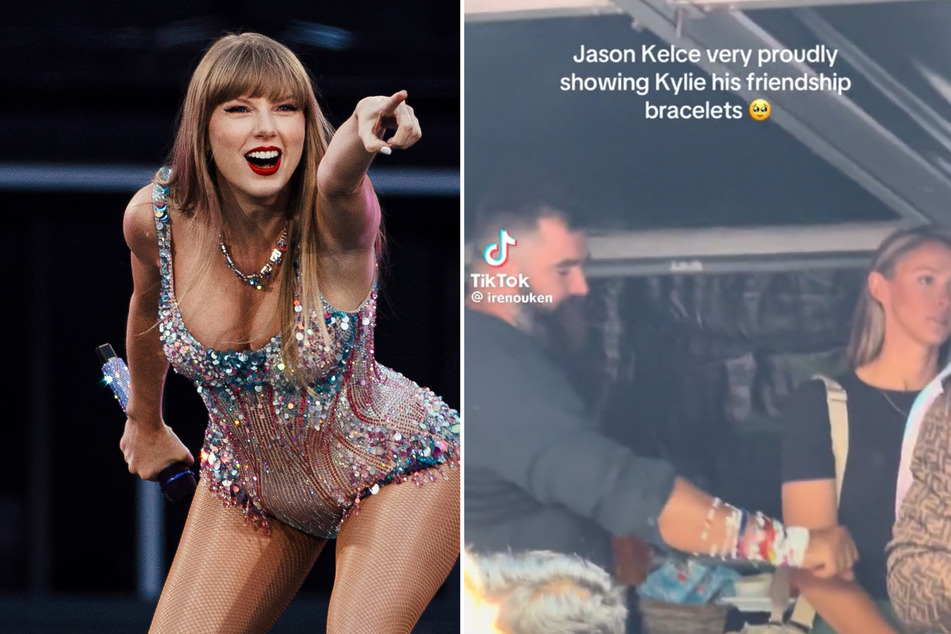 Jason Kelce (c.) attended two of Taylor Swift's (l.) concerts this weekend with his wife, Kylie.