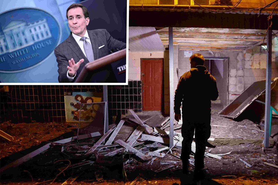US National Security Council spokesperson John Kirby during the daily briefing at the White House on Thursday (inset), as damage and full-scale fighting continues in the Russia-Ukraine conflict in Ukraine.