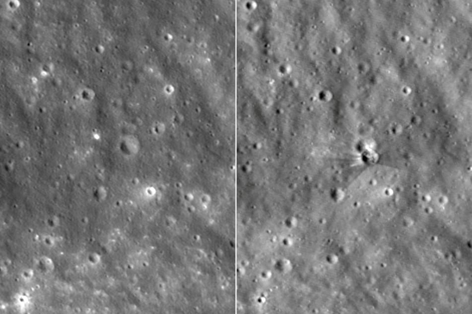 These NASA images show a view of the Moon's surface before (L) and after (R) the Falcon 9 upper stage struck the Moon’s surface on August 5, 2026.