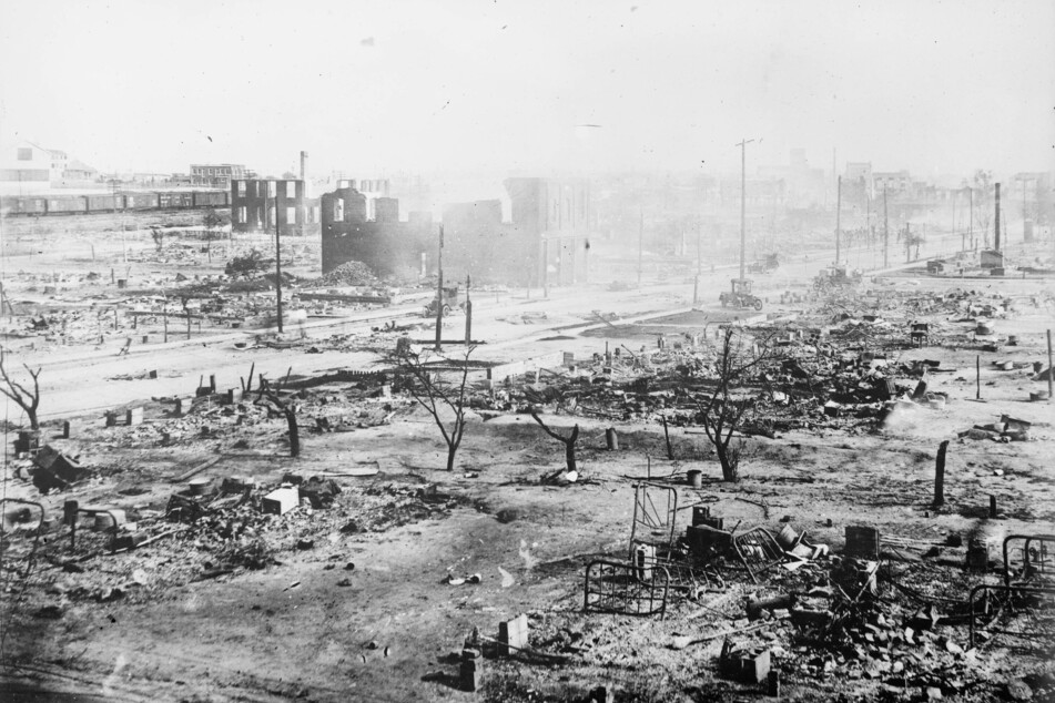 The once-thriving Greenwood District lies in ruins in the aftermath of the 1921 Tulsa Race Massacre.