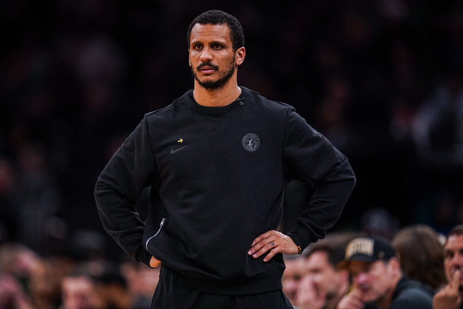 Boston Celtics head coach Joe Mazzulla watches from the sideline as they take on the Philadelphia 76ers during game five of the first round of the 2026 NBA Playoffs at TD Garden on April 28, 2026.