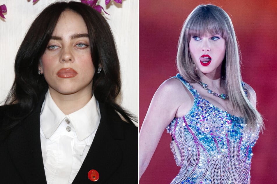 Taylor Swift's (r.) new album is still dominating the Billboard charts, potentially blocking Billie Eilish's new album from hitting No. 1.