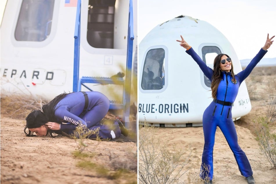 Katy Perry (l.) and Lauren Sanchez upon landing after their all-female Blue Origin space flight on April 14, 2025.