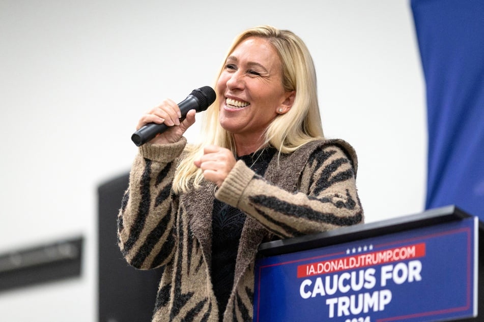 Representative Marjorie Taylor Greene speaking during a "Commit to Caucus" Team Trump Iowa event in Keokuk, Iowa on January 4, 2024.