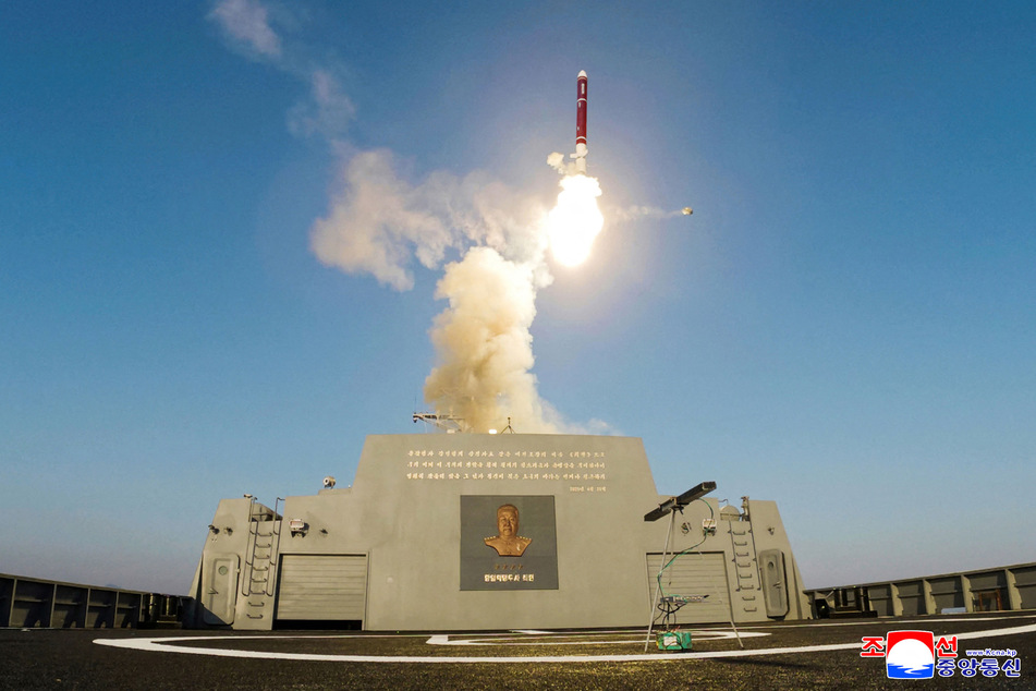 This undated picture released from North Korea's official Korean Central News Agency (KCNA) via KNS on April 30, 2025, shows the test-firing of a weapons system from the deck of North Korea's latest destroyer, the Choe Hyon, during two days of tests on April 28-29 off the coast of an undisclosed location in North Korea.