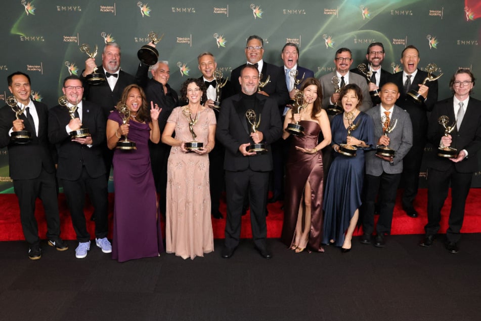 The cast and crew of South Park pose with their Emmy Awards during the 78th Emmy Awards Night 2 on Sunday in Los Angeles, California.