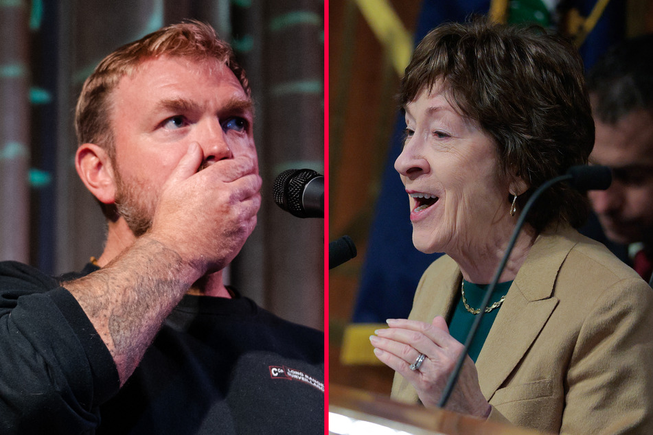 Graham Platner (l.) slammed incumbent Republican Senator Susan Collins (r.) for her support of President Donald Trump's war with Iran.